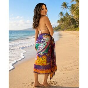 Jasmine by KVM Purple Tropical Cockatoo Floral Cotton Beaded Sarong Scarf Wrap